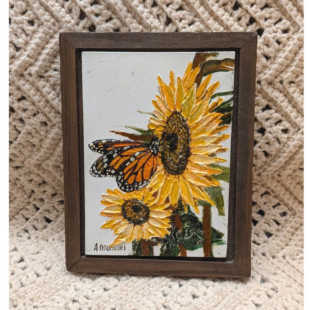 Andrew Ostazeski Original Painting Monarch Butterfly Sunflowers Framed 8x6.5